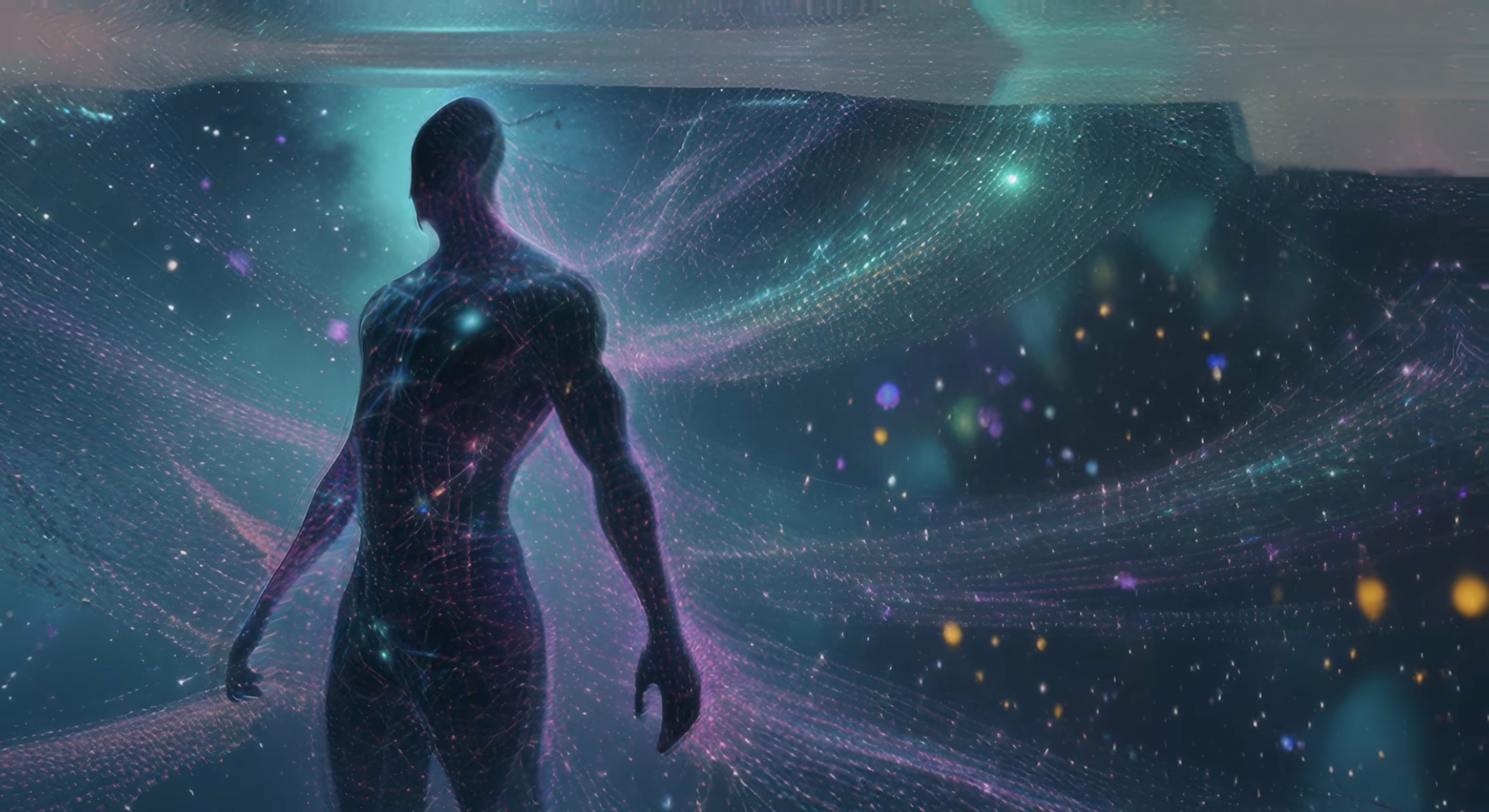 Synthetic purple planets like disco balls in a teal nebula, a simulation in these trippy LSD visuals for shrooms.